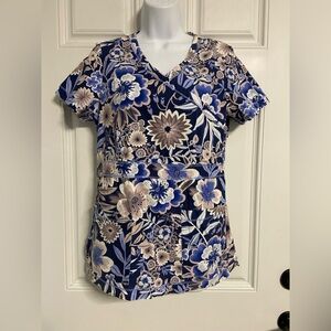 KOI By KATHY PETERSON Navy Floral Scrub Top